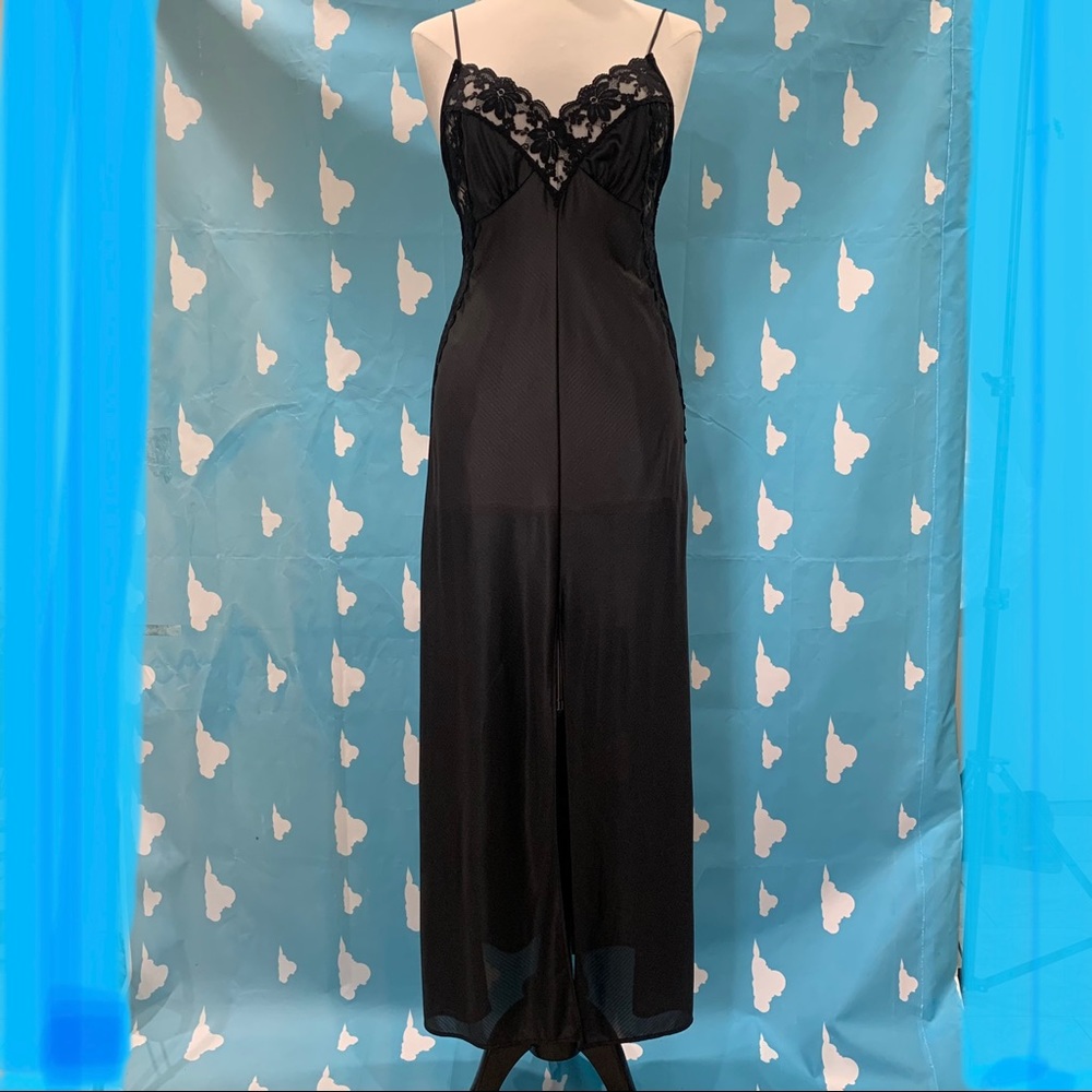 Vintage 1960s Black Satin Low Back Slit Long Slip Dress